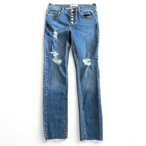Free People‎ Button Fly Distressed Straight Jeans Raw Hem Medium Wash Size 28